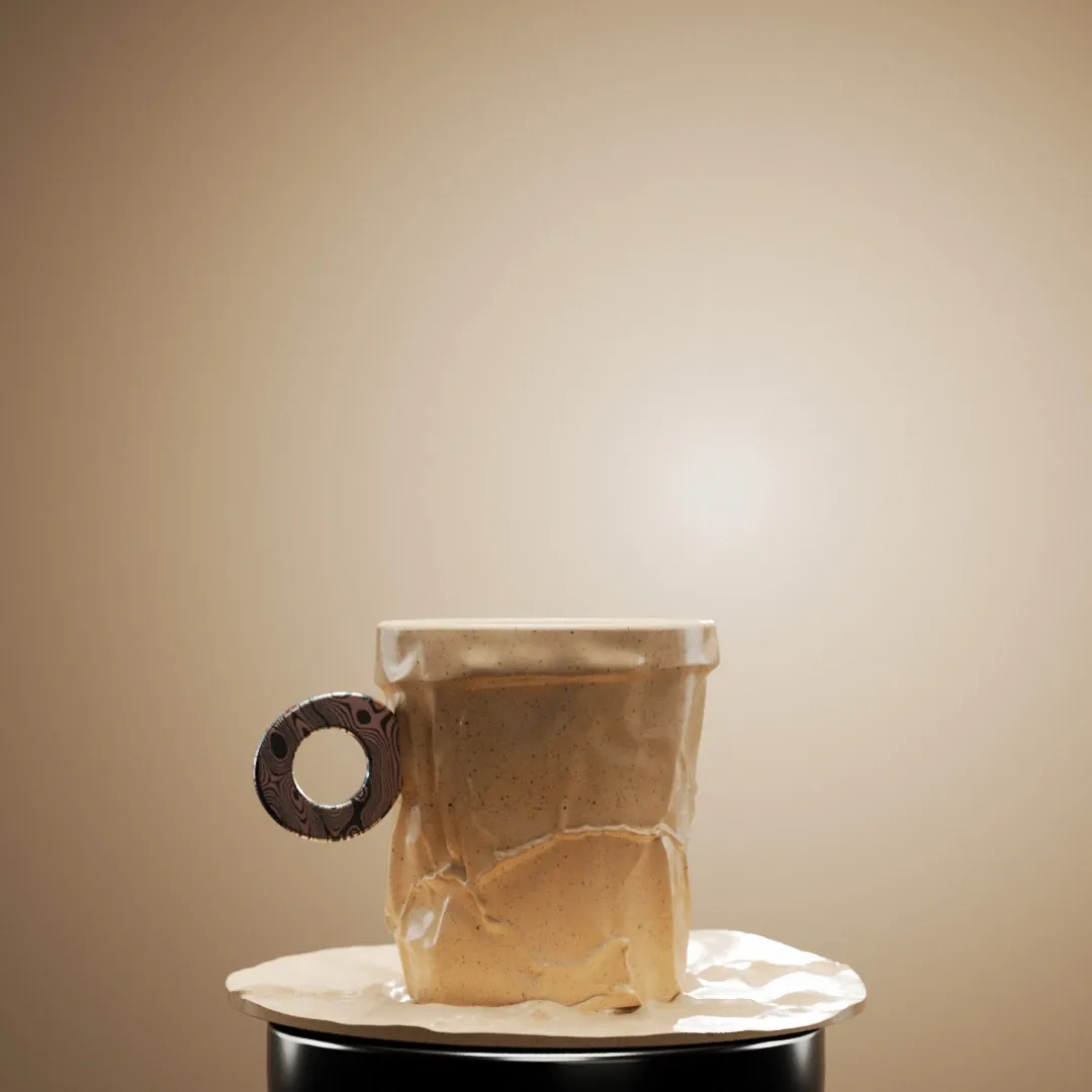 Matterra Damascus Cup is a coffee cup with a damascened metal handle.